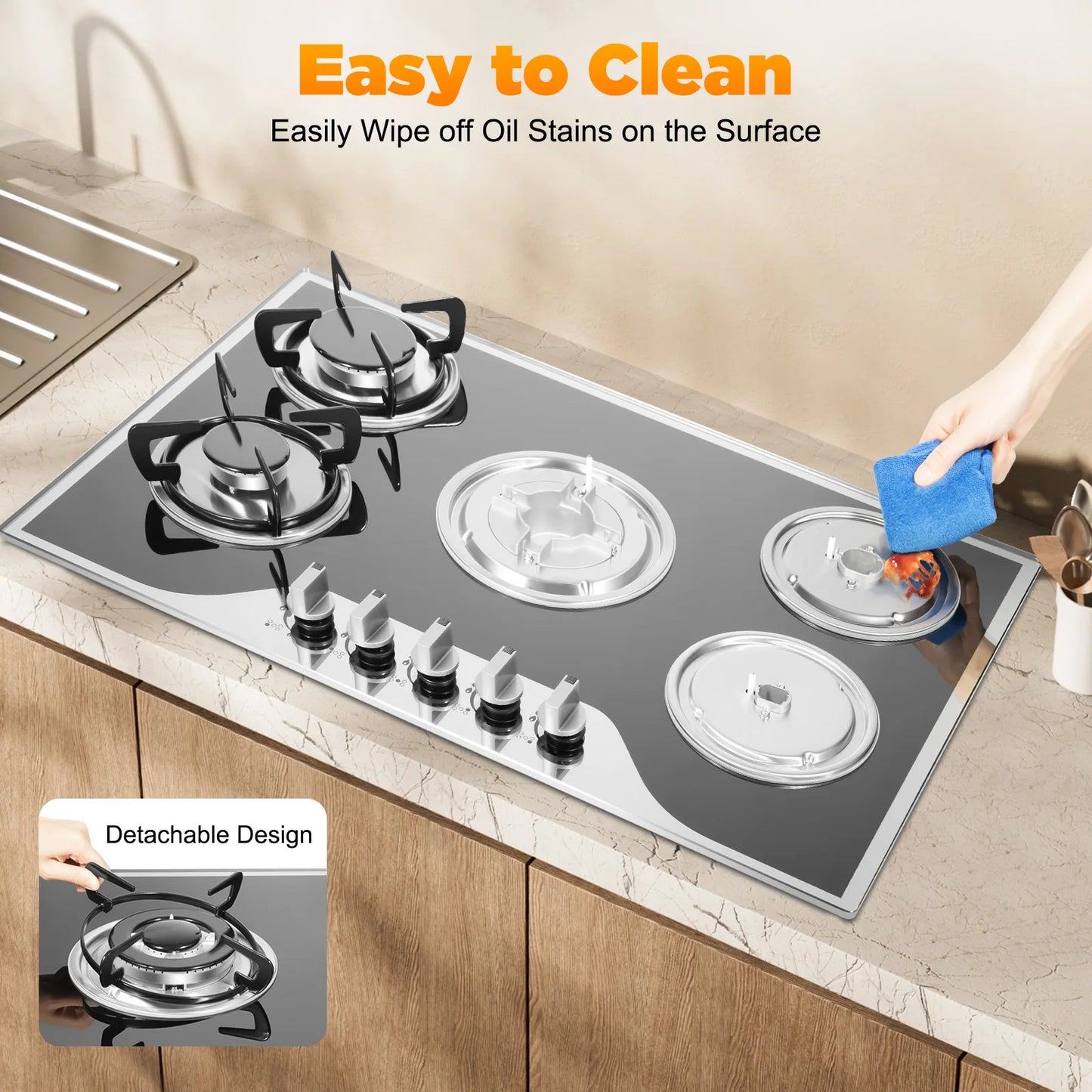 5 Burner Built-in Gas Cooktop Glass Top 3KW Dual Ring High Power Energy Saving 63% Efficiency LPG Natural Gas Stove