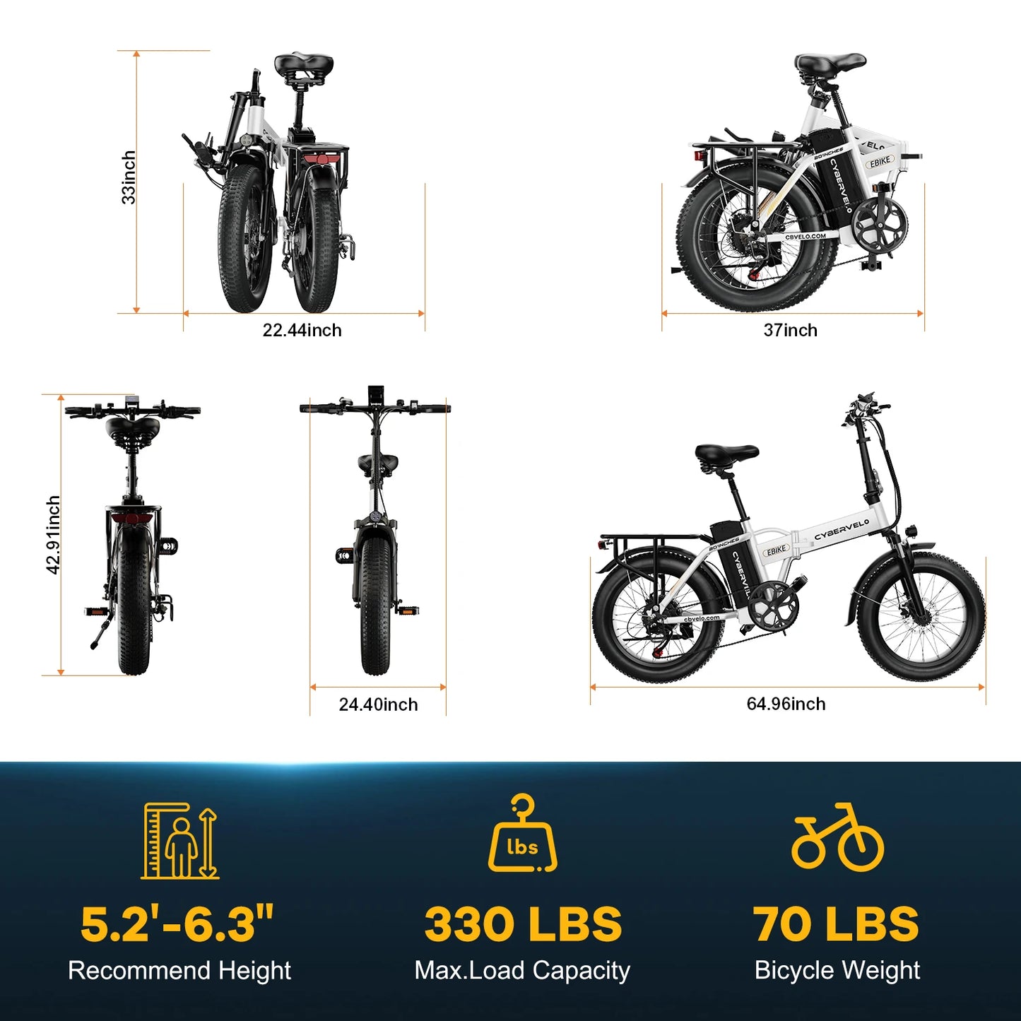 Cybervelo 1000W Peak High-speed Brushless Folding 20 Inch Fat Tire Electric Bike for Adults 48V 20.8Ah/50Ah Removable Battery 80 Miles Range Commuter E-Bicycle EK4