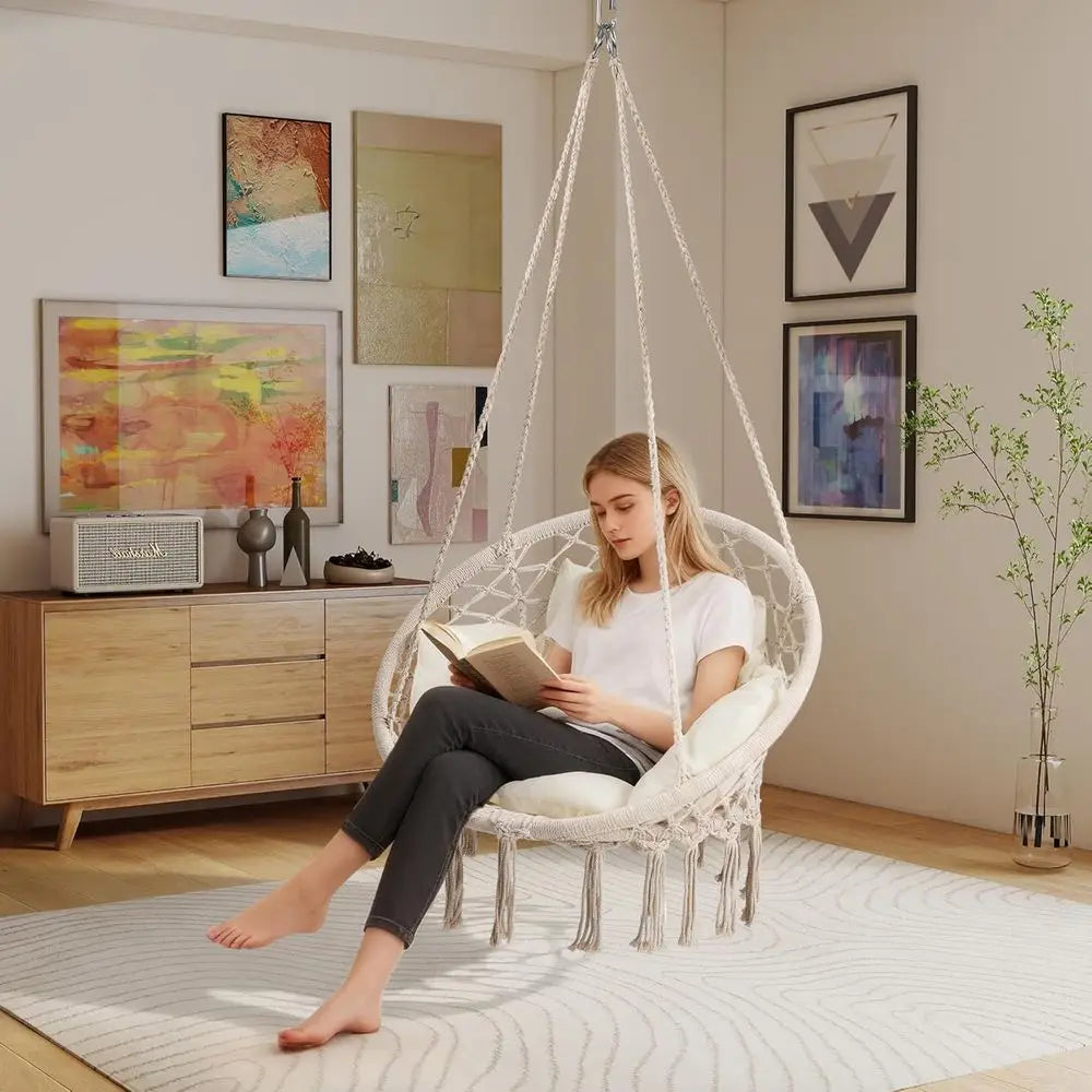 Hammock Chair Swing Chair with Medium Cushion, Hanging Chair for Bedroom, Indoor, Outdoor, Balcony, Porch, Beige