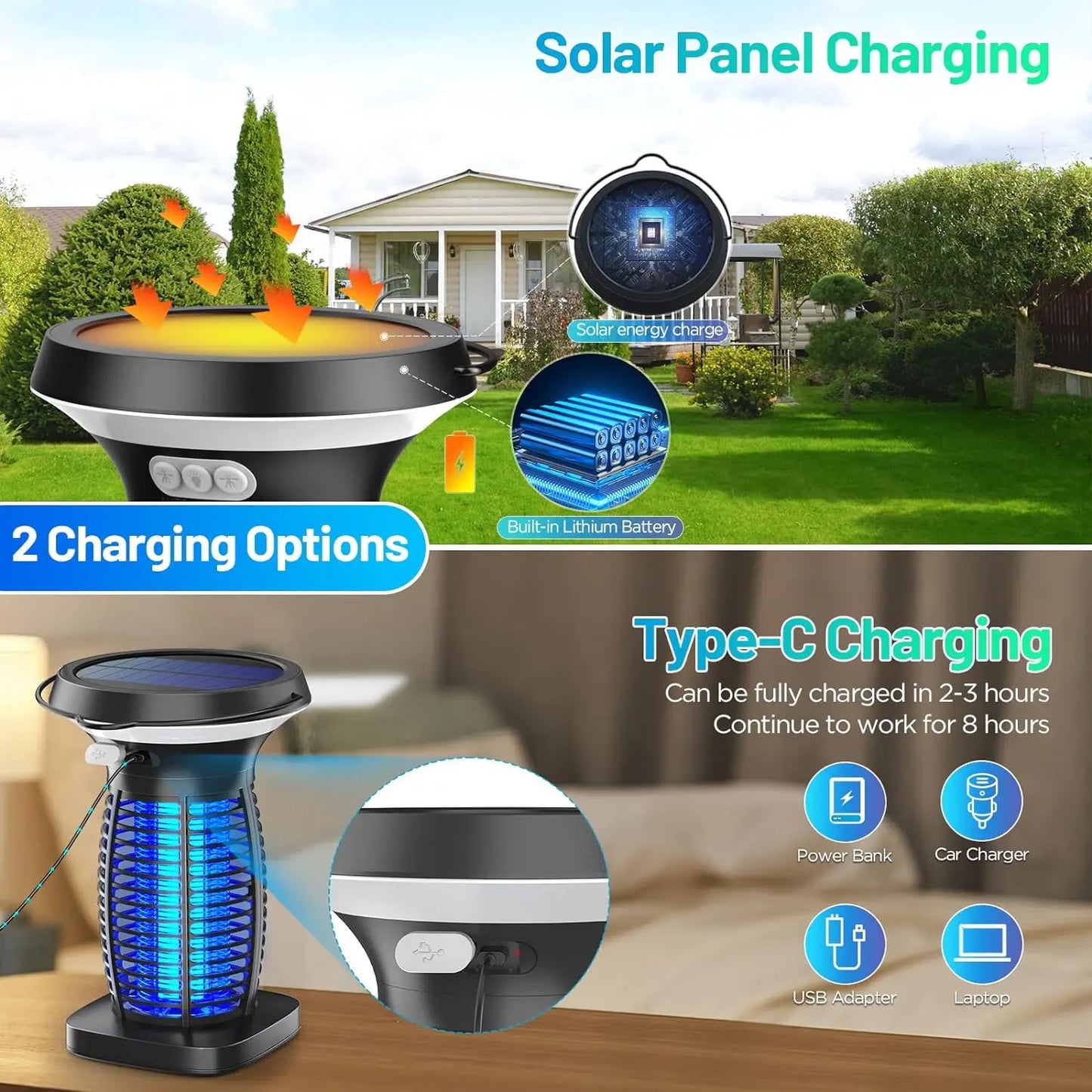 Solar Outdoor Bug Zapper For Mosquitoes Portable Rechargeable