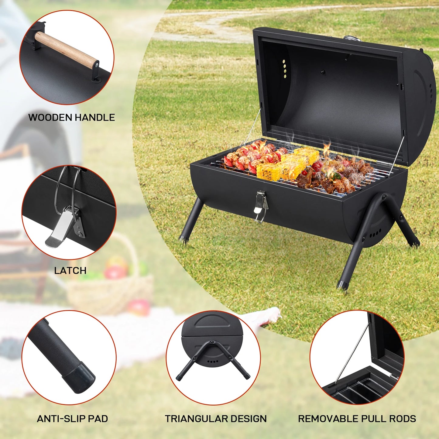 Portable Charcoal Grill With Thermometer And Wooden Handle