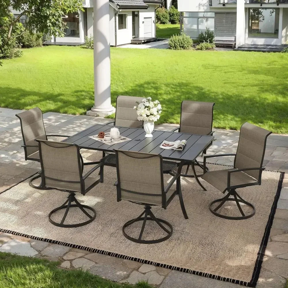 Modern Outdoor Dining Set With Metal Table And Swivel Chairs
