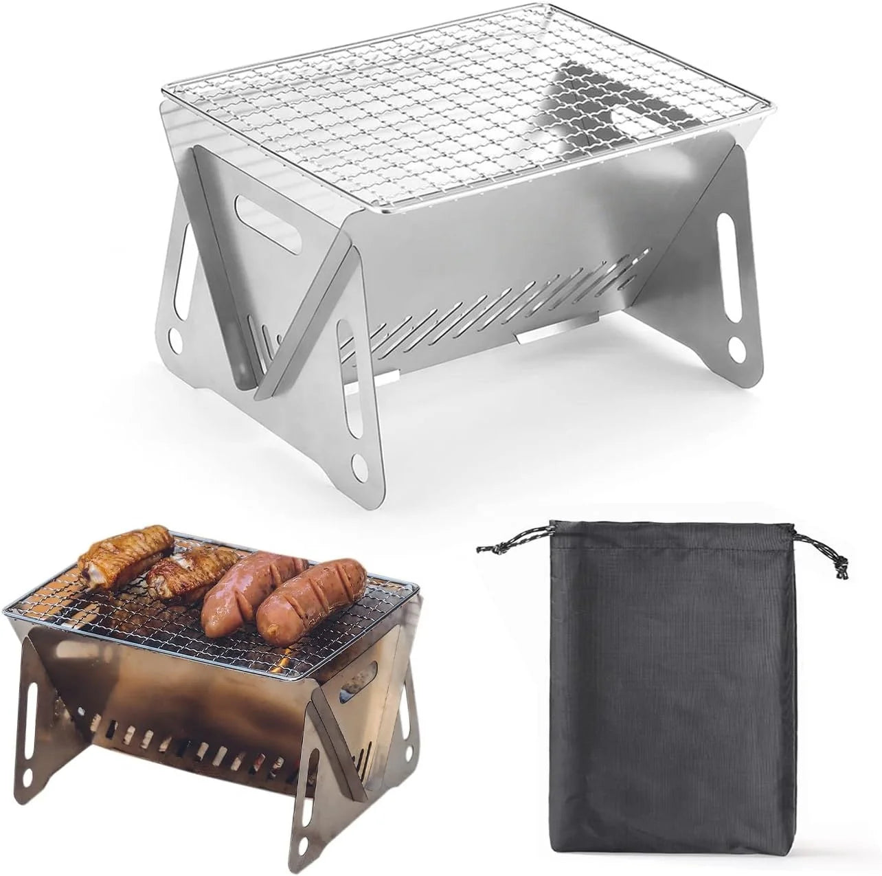 Backpacking Stove Folding Stainless Steel Charcoal Grill BBQ Wood Burning Camp Stove for Hiking Picnic Garden Backyard Cooking