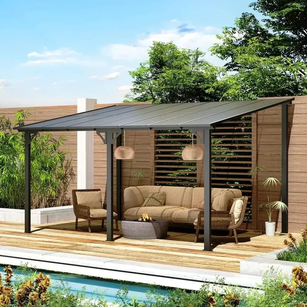 14x10 Outdoor Lean-to Gazebo, Wall-Mounted Pergola, Metal Awning, Large Panel Roof for Patio Use