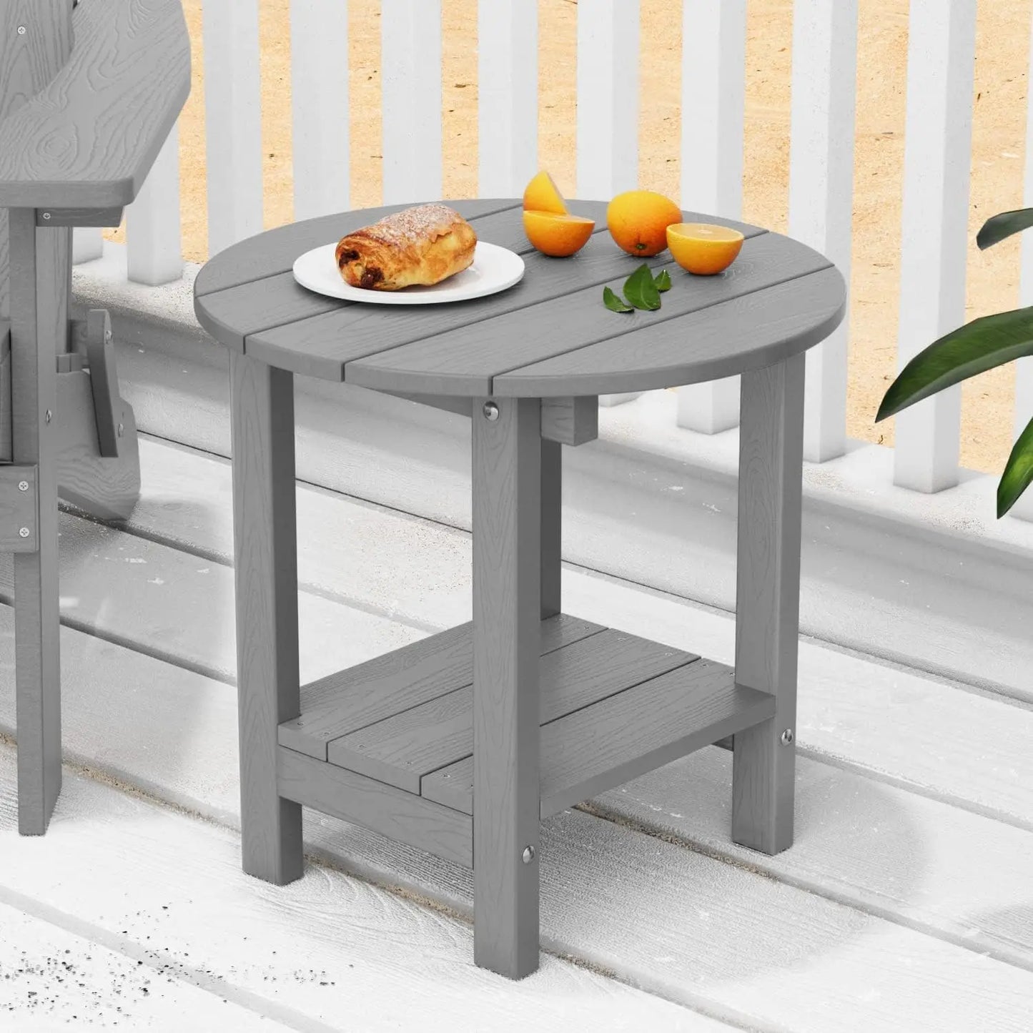 Round Outdoor Side Table Adirondack Table Two Pack Chairside End Tables With Storage Shelf Two Tier Plastic Patio Side Table Weather Resistant For Balcony Backyard Lawn Grey
