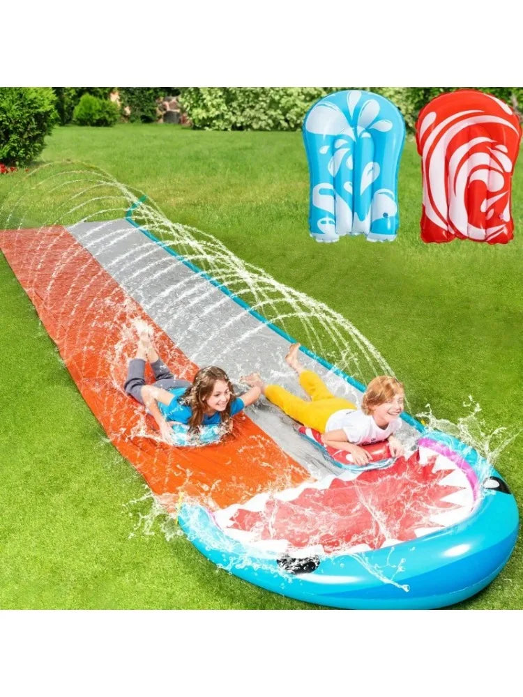 Joyfy Summer Water Slides with 2 Inflatable Boards 22.5ft Double Lane Splash Slip Lawn Water Slide Toy for Kids Adults Party