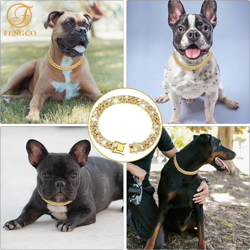 Luxury Stainless Steel Pet Chain Collar Featuring Jeweled Design