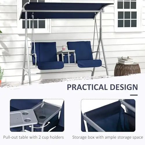 Blue Dual-Seat Outdoor Hanging Swing With Canopy, Center Table, Two Cup Slots, And Padded Cushions For Garden Or Deck