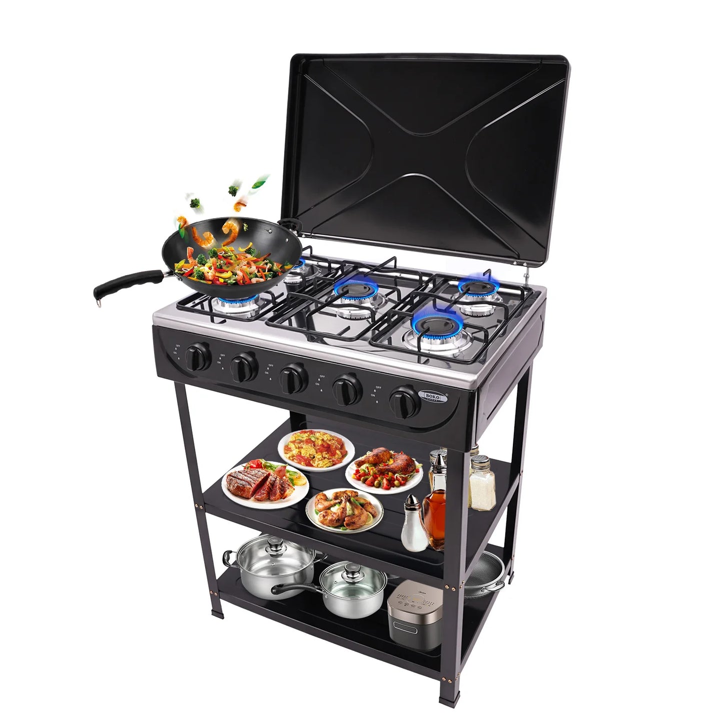 5-Burner, Gas Stove Outdoor Camping Cooking BBQ Grill With 2-Tier Storage Rack  for Camping,Fishing,RV Travel
