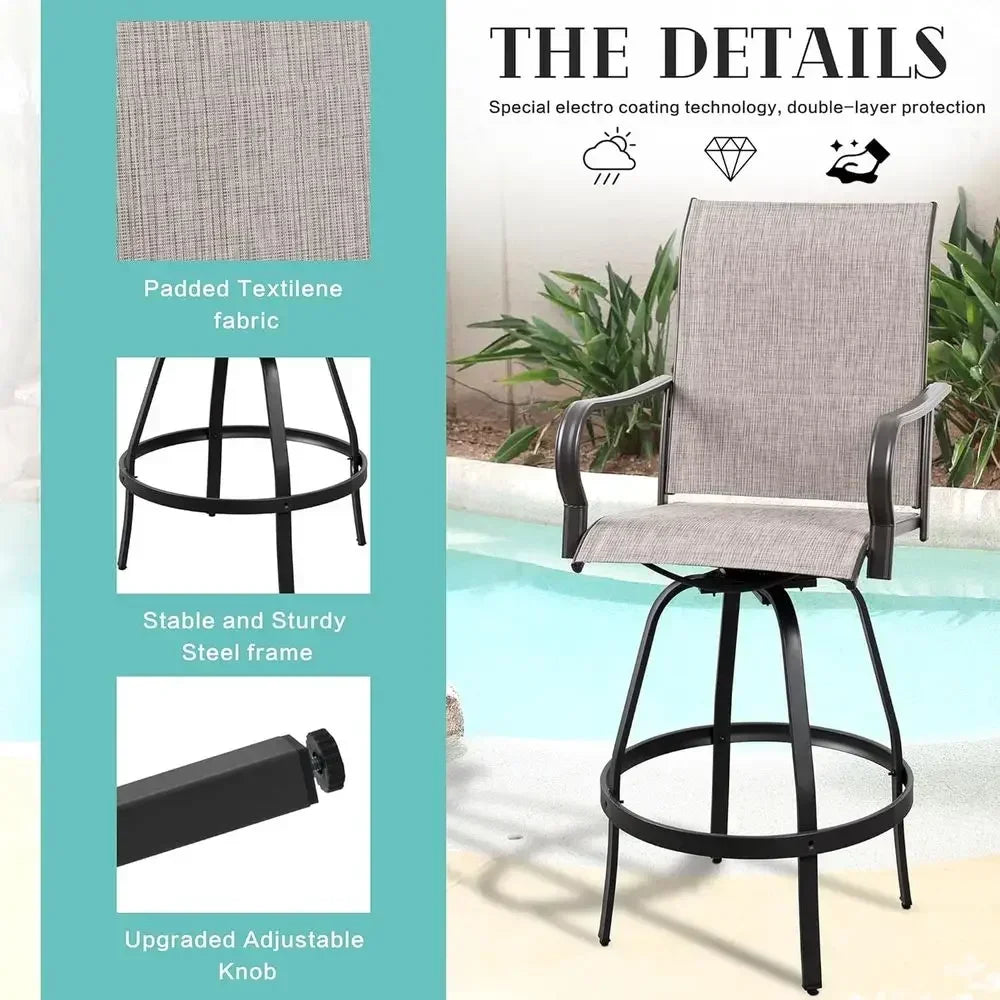 All-Weather Outdoor Swivel Bar Set with 2 High Chairs and Glass Table in Taupe