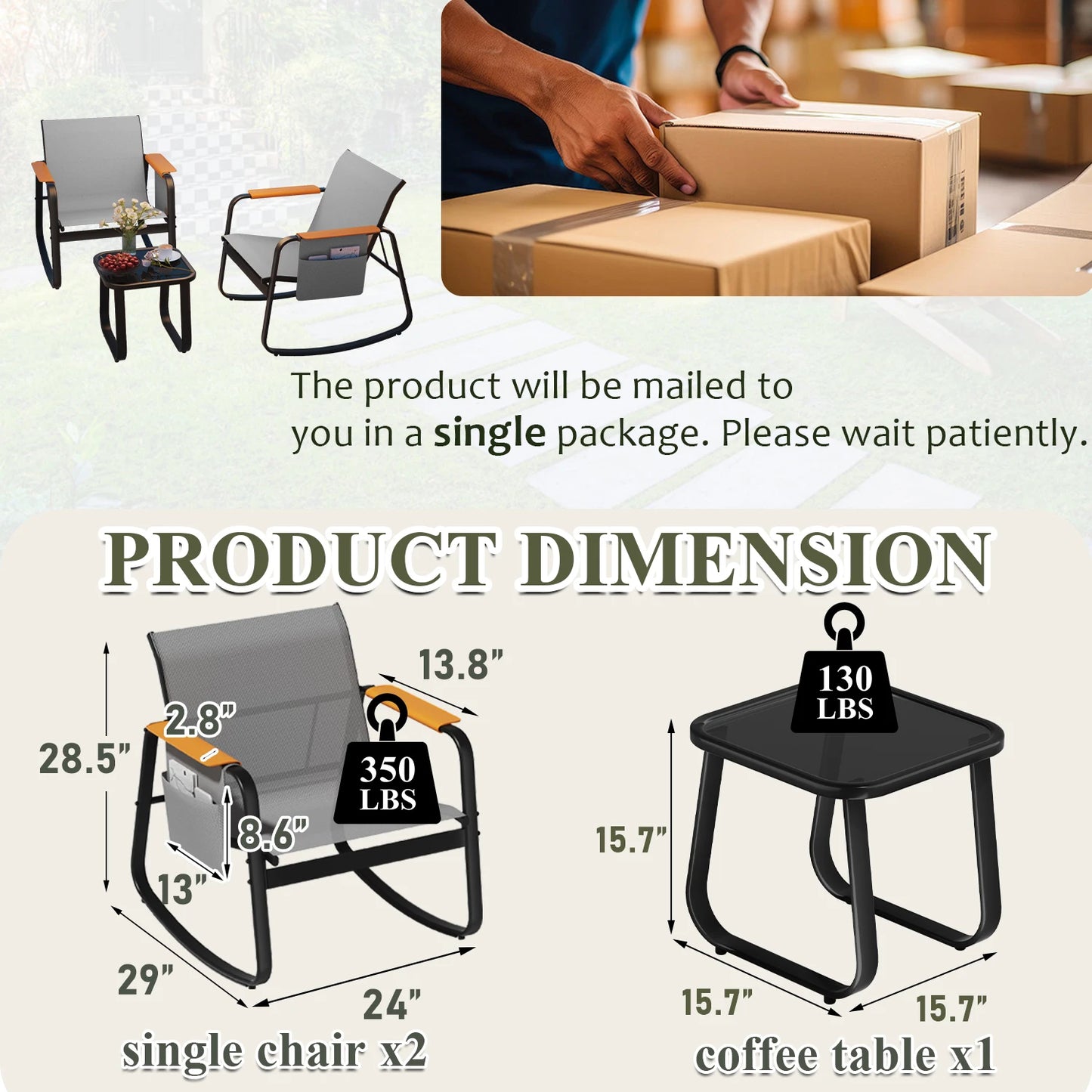 6-Piece Textilene Patio Conversation Set, Outdoor Rocking Chairs with Wide Armrests & Side Storage Pockets, 2 Glass Top Side Tables, Weather Resistant Metal Frame for Backyard Poolside Garden Deck