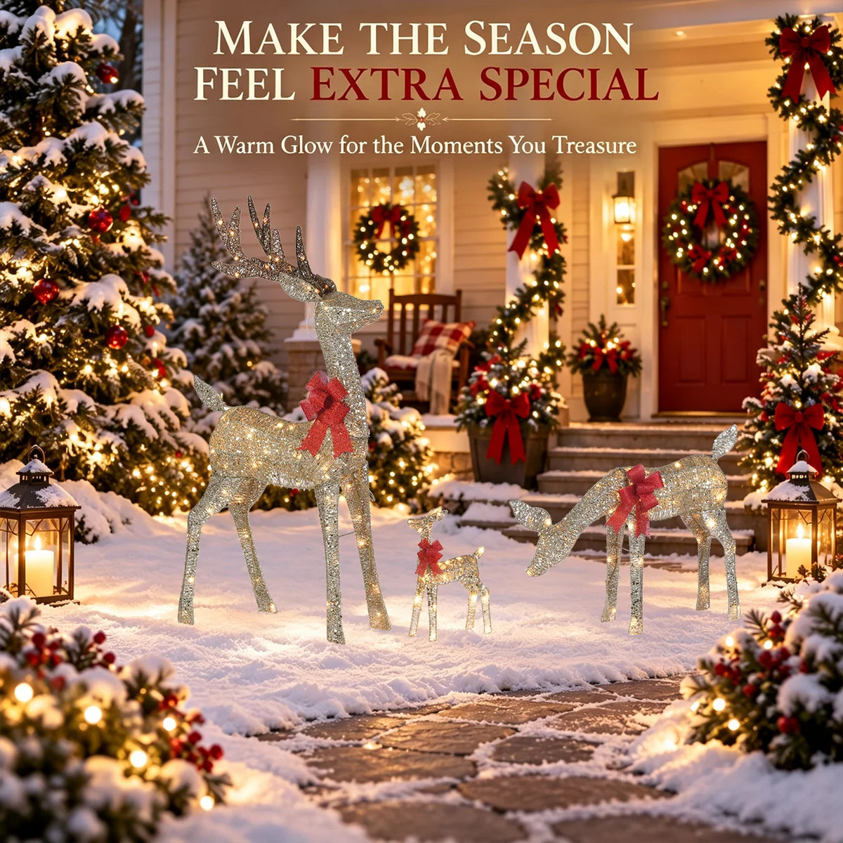 Pre Lit Reindeer Family Christmas Metal LED Outdoor Patio Decor