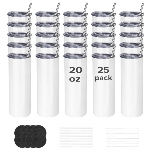 Sublimation Tumblers Blanks 20 oz 25 Pack Skinny Straight Tumblers Bulk Stainless Steel Insulated Sublimation Cups with Lid and