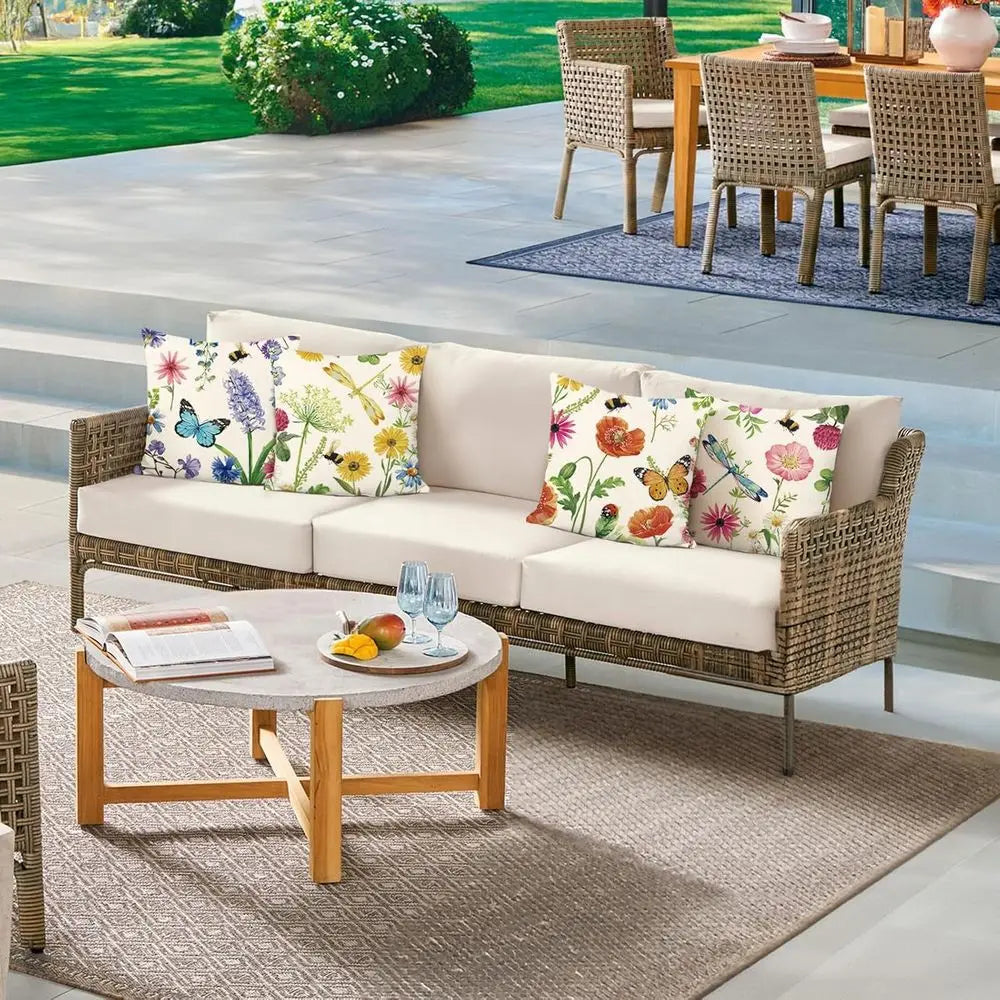 Outdoor Throw Pillow Covers 18x18 Set of 4, Spring Summer Wildflowers Pillow Cases for Patio, Bench, Chair, Swing, Couch, Sofa,
