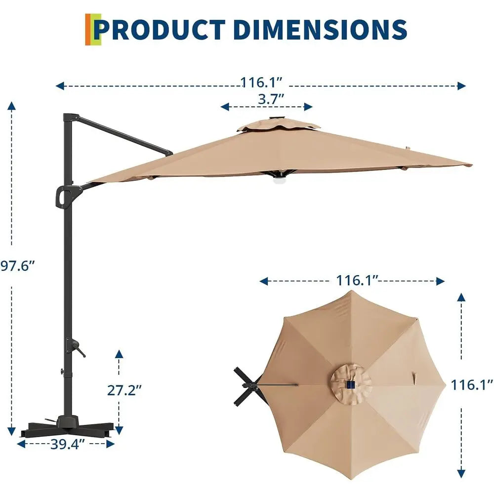 10-Foot Outdoor LED-lit Cantilever Umbrella with Windproof Design and 360-Degree Rotation, Base Included, Tan