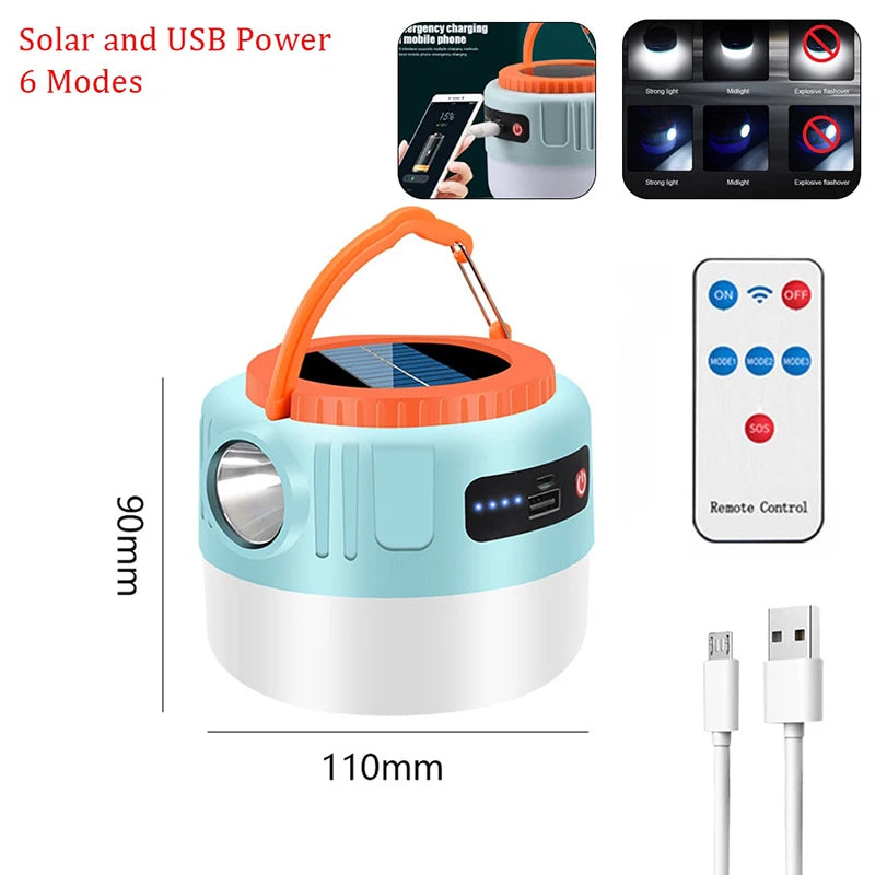 New Solar Camping Light Power Bank LED Tent Flashlight Handheld Waterproof Outdoor 6 Gear Switching USB Rechargeable with Remote