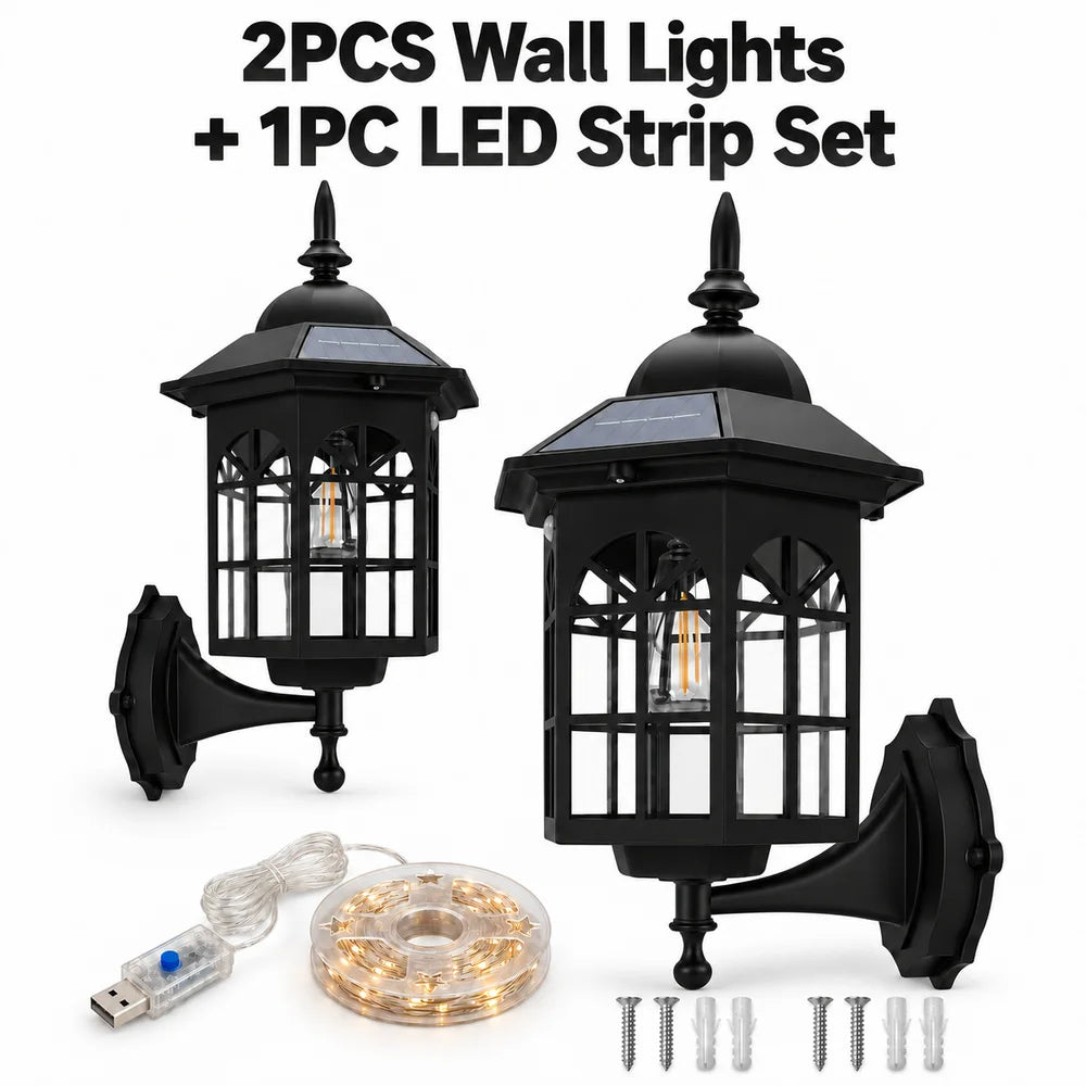 2 Pack Outdoor Solar Wall Lanterns Decorative LED Sconces Patio