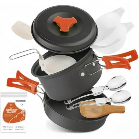 Voyage Living 12 PCS Lightweight Camping Cookware Set Non-Stick Pots, Pans and Utensils for Backpacking, Hiking Compact Mess Ki