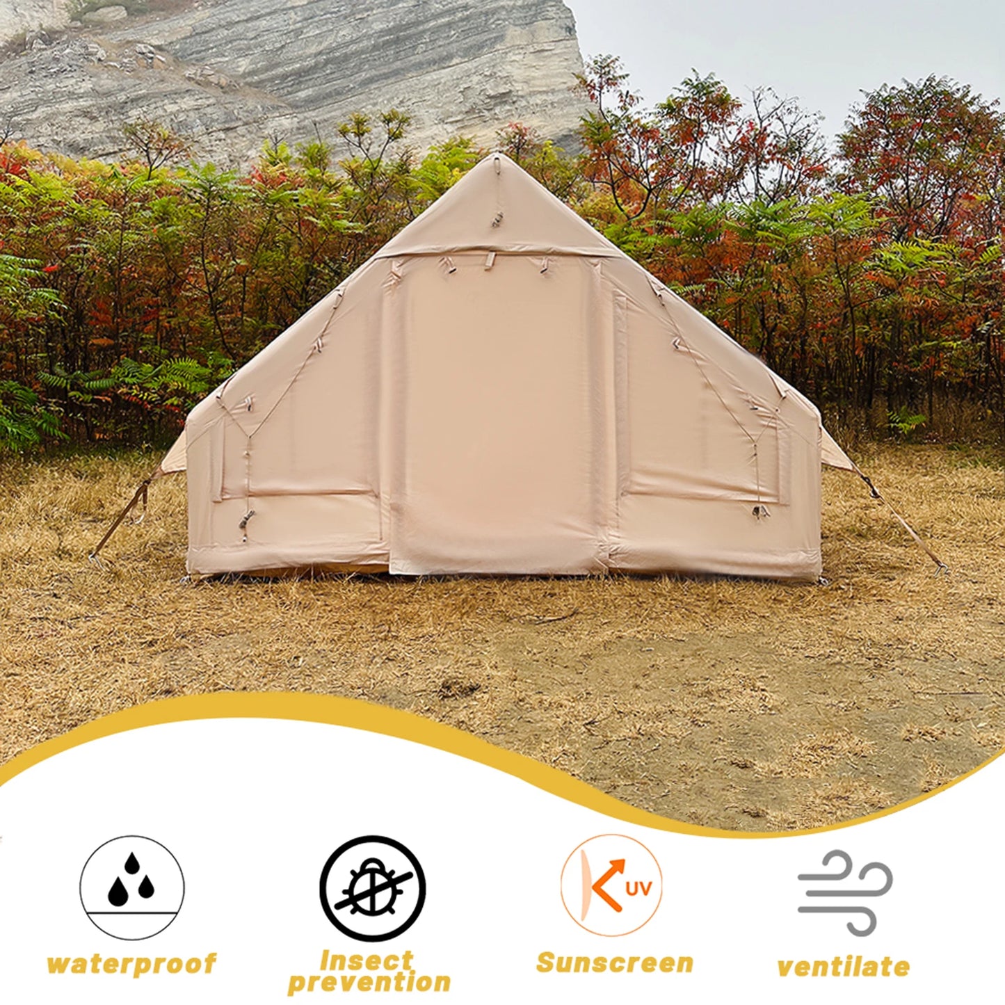 PAKICETUS Premium Inflatable Glamping Tent 4-6 Person, Four Season All-Weather Shelter With Quick Airflow Breathable Mesh Windows, Manual Hand Pump Included, Easy Setup Heavy Wind Resistant Large Family Air Tent House