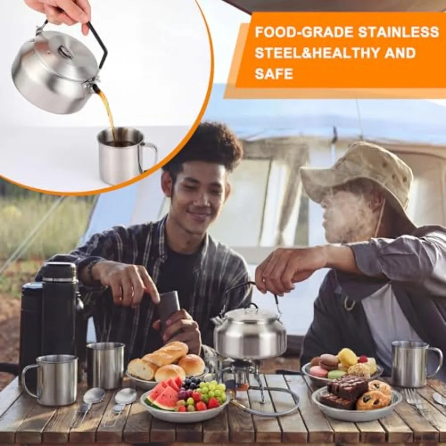 Camping cookware kit: stainless steel pots, cups, plates, forks, knives, spoons silver, durable, lightweight, for camping, back