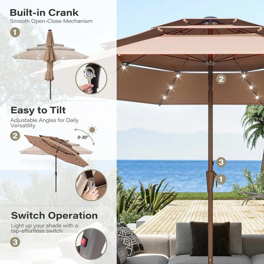 10-Foot LED Patio Umbrella with Crank and 3-Tier Canopy, 8-Rib Outdoor Market Umbrella for Poolside, Garden, Dining, Beige with