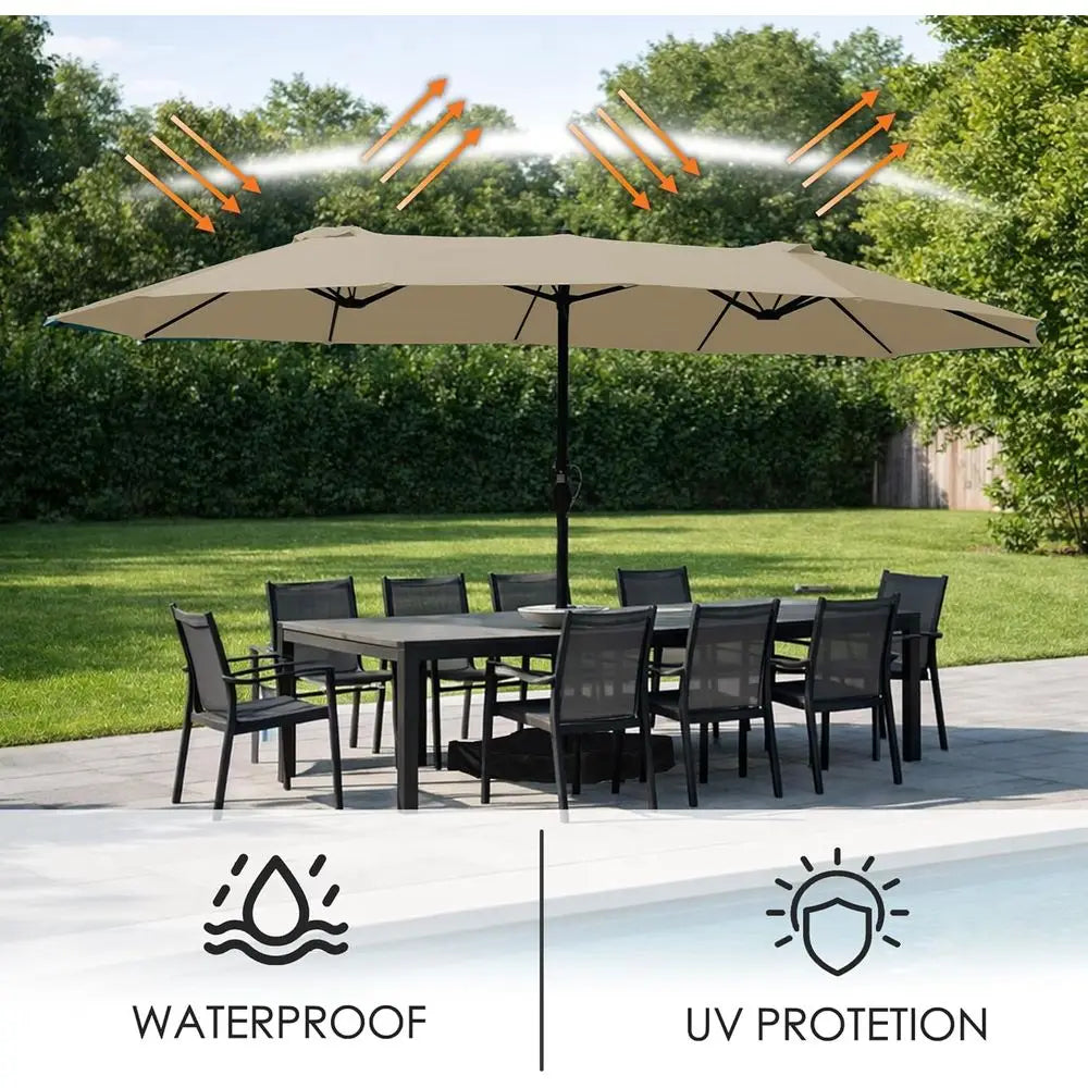 Double-Sided 15ft Patio Umbrella with Crank Lift, UV Protection, and Included Base for Outdoor, Pool, and Garden in Beige