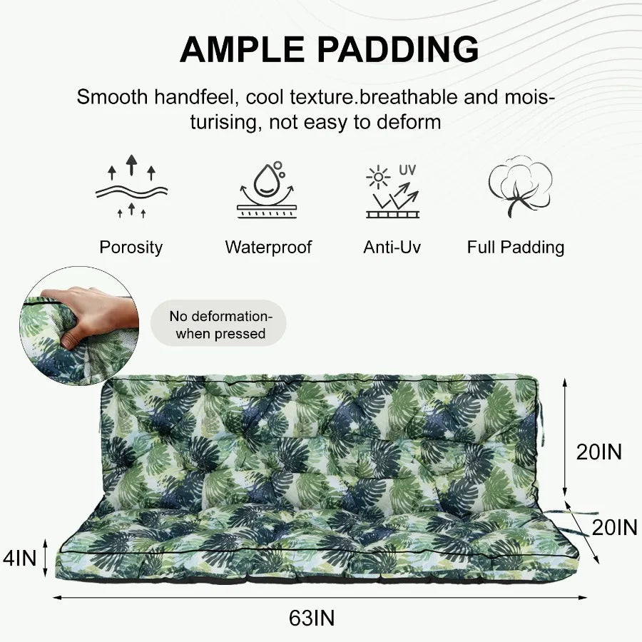 Outdoor Swing Cushions 55 Inch, Waterproof 4" Thick Porch Swing Cushion Replacement with Backrest and Ties, Comfortable 2-3 Sea