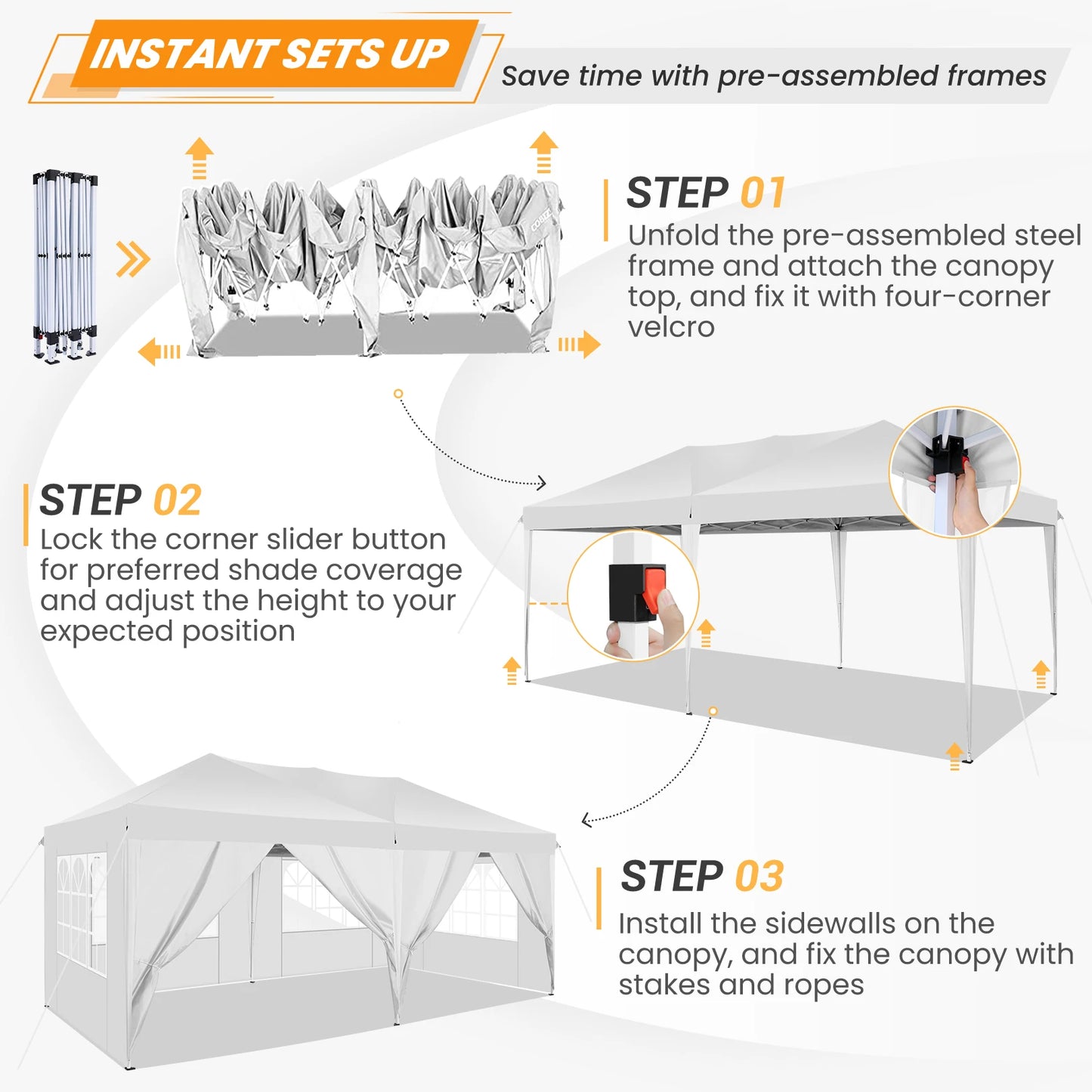 10x20FT Pop Up Canopy Tent with Removable Sidewalls Waterproof Commercial Instant Shelter Outdoor Gazebo Party Tent Protable Canopy Tents for Parties with Carry Bag