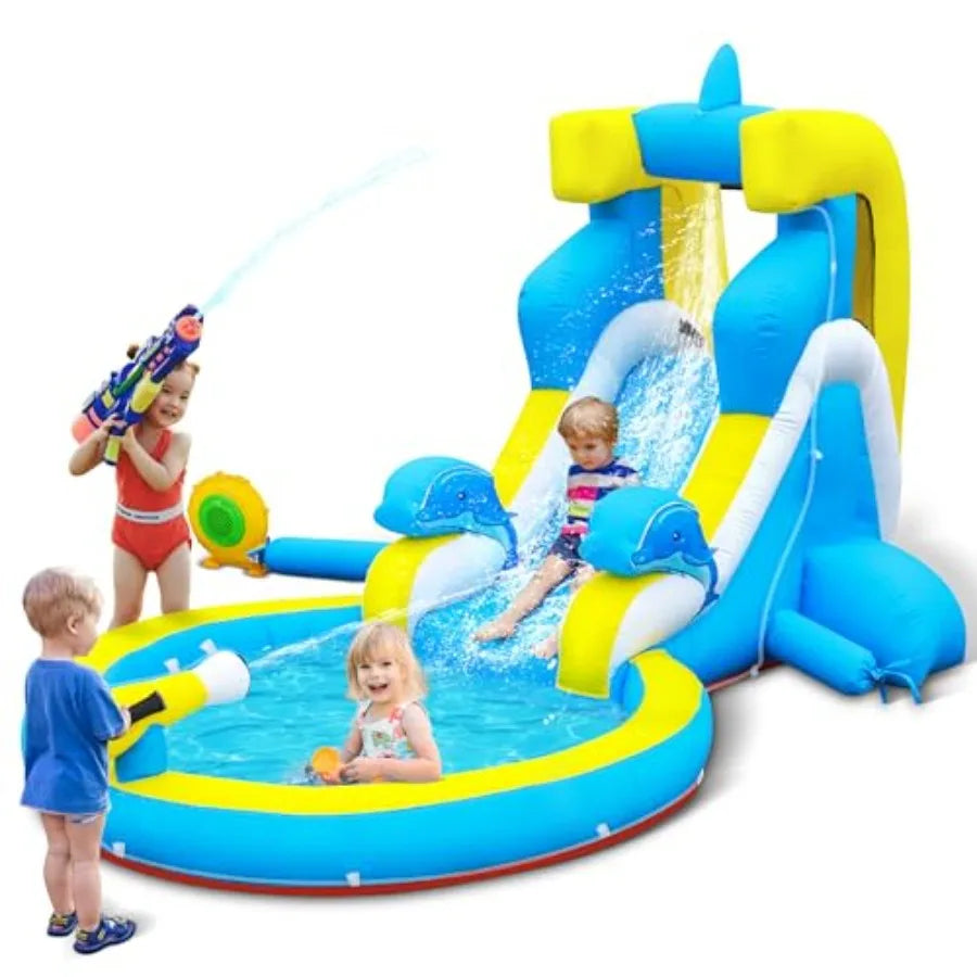 Iatable Water Slide: 4 in 1 Bounce House Water Park Dolphin Style for - Climbing Wall Splash Pool Water Cannon - 370W Blower -
