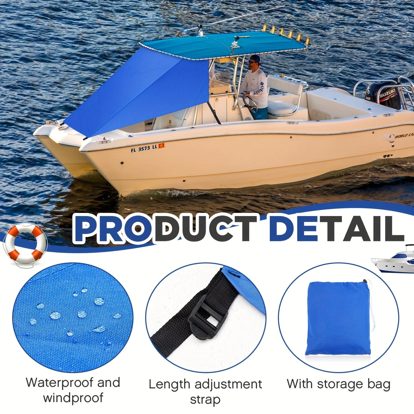 Length 9' X Width 10' T Top Bow Shade for Boat UV Protection 600d Oxford Cloth Boat Canopy Waterproof Navy  Tent Sun Shade Extension for Hot Cloudless Day