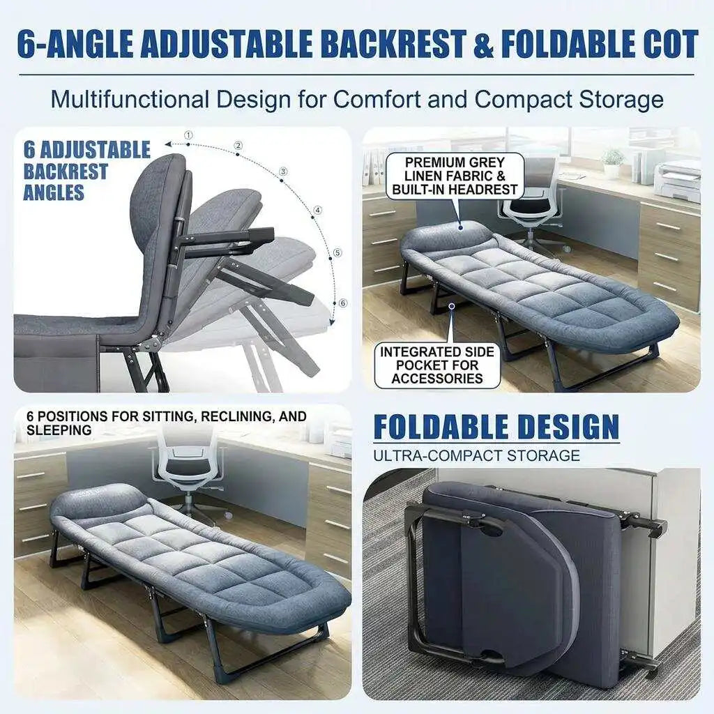 Portable Folding Bed 6-Position Adjustable Camping Cot with Soft Padded Mattress Heavy Duty Steel Frame Office Nap Recliner Single Guest Sleeping Bed Space-Saving Lounger for Outdoor Travel