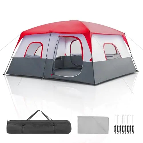 14-Person 2-Room Cabin Tent With Divider Waterproof Windproof Camping Shelter Red White
