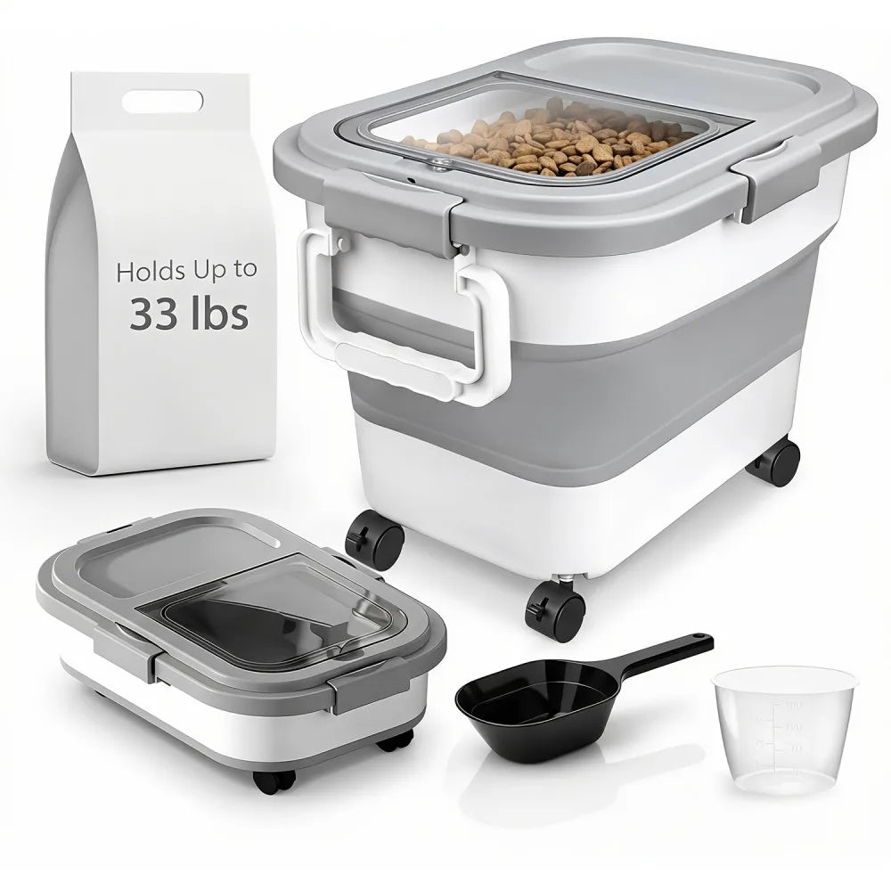 Collapsible Pet Food Container With Airtight Lid And Roller Wheels