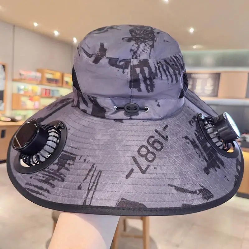 Large Size Quick Dry Bucket Hat With Solar Powered Fan USB Charging Sun Hat For Men Outdoor Hiking Camping Fishing Cooling Wear