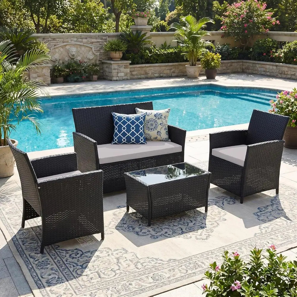4-Piece Outdoor Patio Furniture Set, Sectional Wicker Sofa with Rattan Couch for Balcony, Porch, and Backyard (Black-Light-Grey)