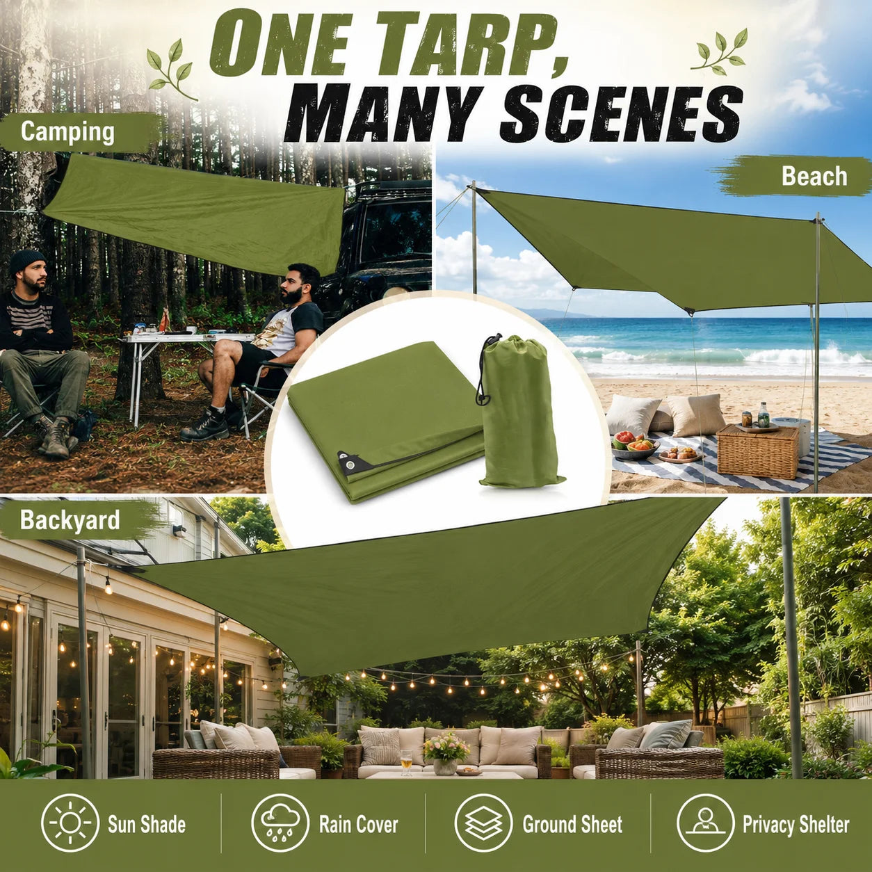 59x83" Outdoor Waterproof Tarp Camping Awning Backpacking Rain Shelter Tent Portable Sun Shade Canopy Ground Sheet for Hiking Picnic Beach Hammock Camp Gear Durable Lightweight Ripstop Cover with Grommets Ropes Storage Bag Ac