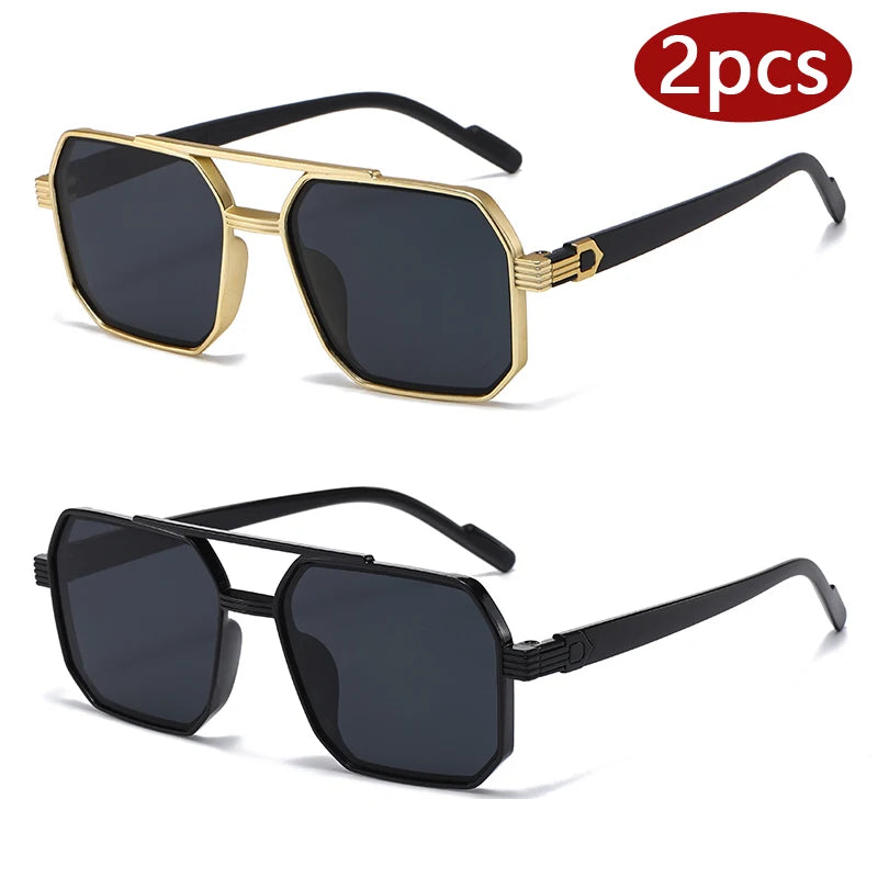 2pcs Trendy Metal Polygonal Pilot Sunglasses Luxury Double Beam Unisex UV400 Shades Perfect for Party Daily Wear Outdoor Driving Fashion Stylish Eyewear Ideal Holiday Gift for Men and Women
