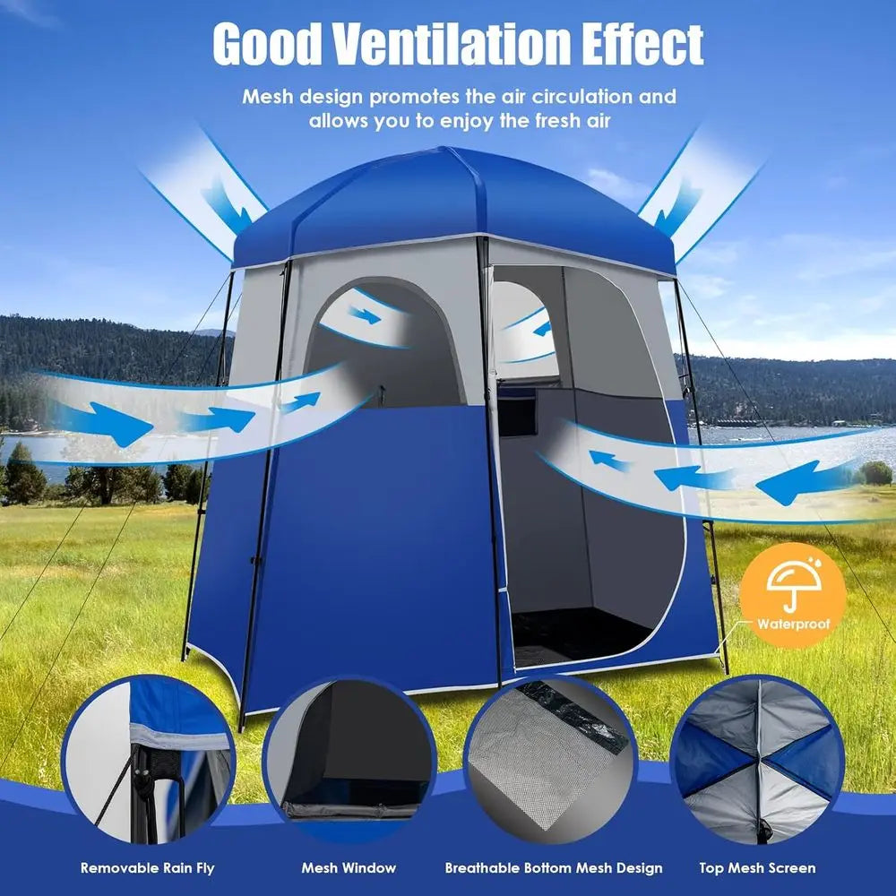 Spacious Double Room Shower Tent with Floor, Portable Privacy Shelter for Camping, Removable Rainfly, Storage Bag and Toilet
