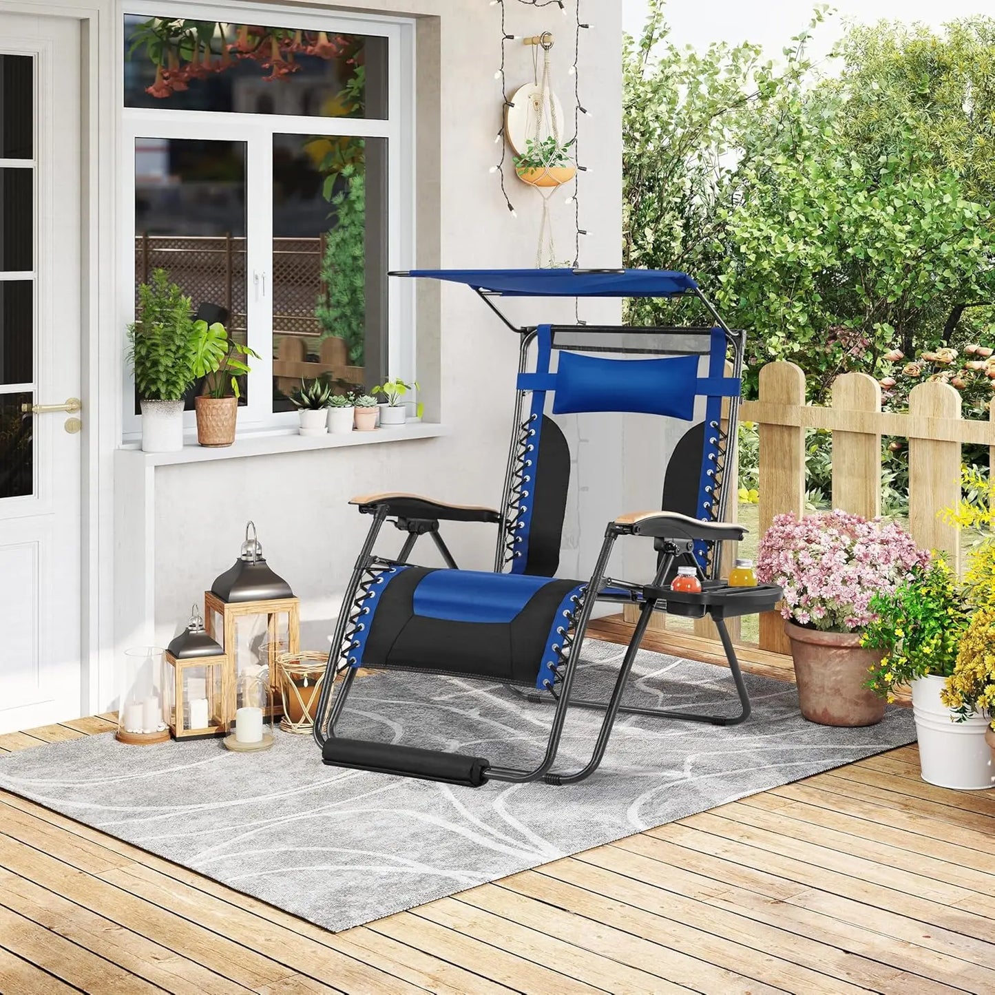 Zero Gravity Chair with Canopy, Cup Holder & Headrest - Adjustable Patio Recliner for Outdoor Relaxation, Navy Blue/Black