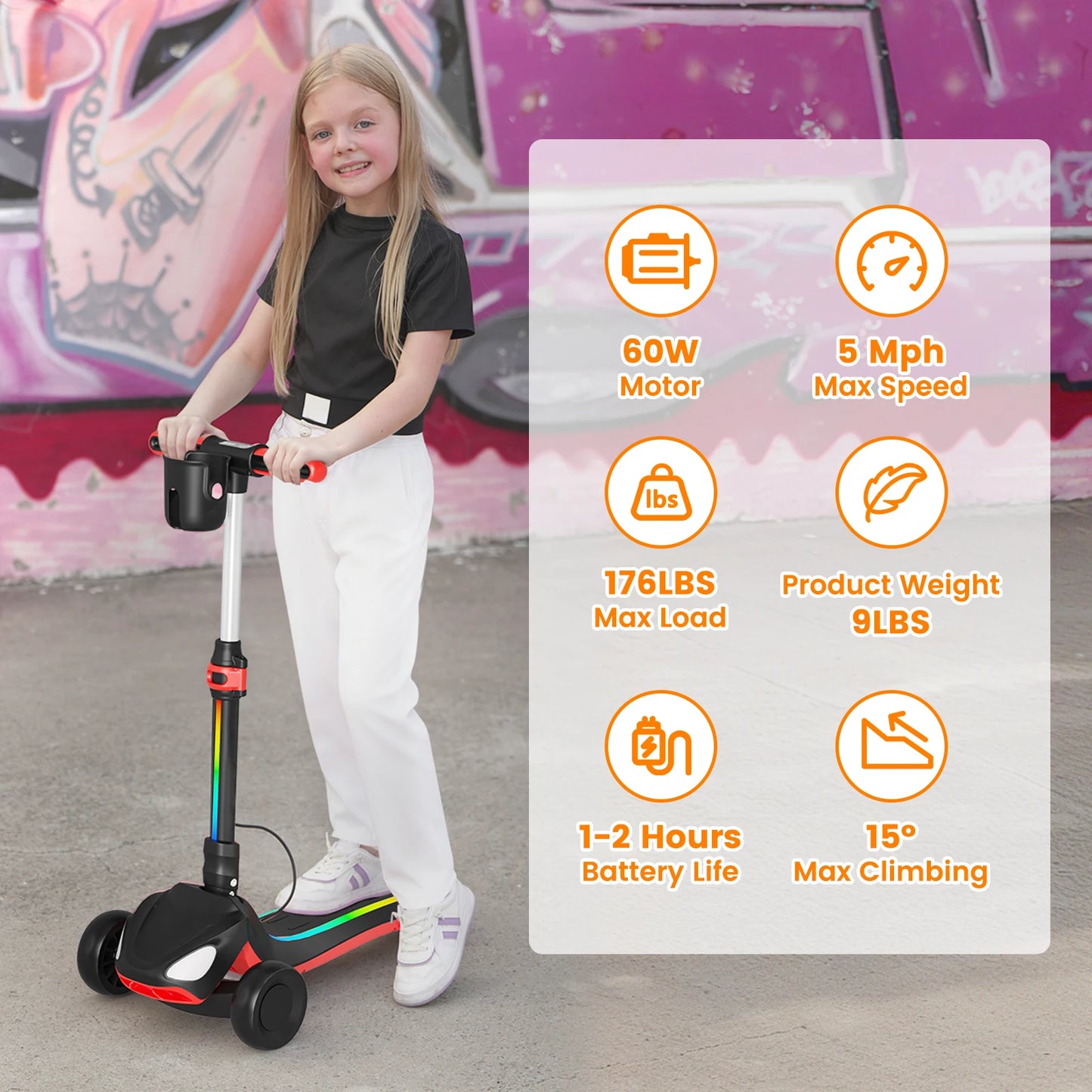 D3 Electric Scooter for Kids with 3 Wheels, 3 Adjustable Heights, Thumb Throttle, LCD Screen, Foldable, Light-Up Stem Deck & Wheels, Ideal Gift for Kids