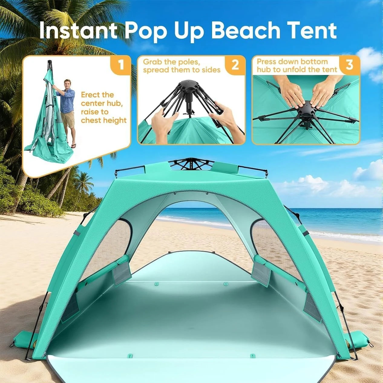 Beach Tent Sun Shelter for 5-6 Person, Pop Up Beach Canopy Waterproof Tarpaulin Awnings, UPF 30+ UV Protection, Breathable Mesh Window, Home Garden Party Tent,Portable Sun Shade Tent with Carrying Bag for Sands & Outdoor Beac
