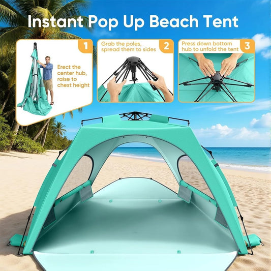 Beach Tent Sun Shelter for 5-6 Person, Pop Up Beach Canopy Waterproof Tarpaulin Awnings, UPF 30+ UV Protection, Breathable Mesh Window, Home Garden Party Tent,Portable Sun Shade Tent with Carrying Bag for Sands & Outdoor Beac