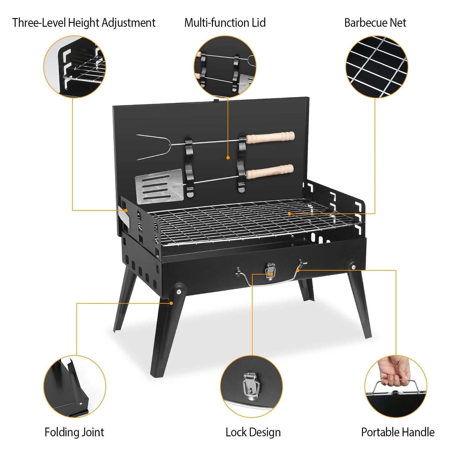 Portable Charcoal BBQ Grill Folding Desktop 3-Level Adjustable Height