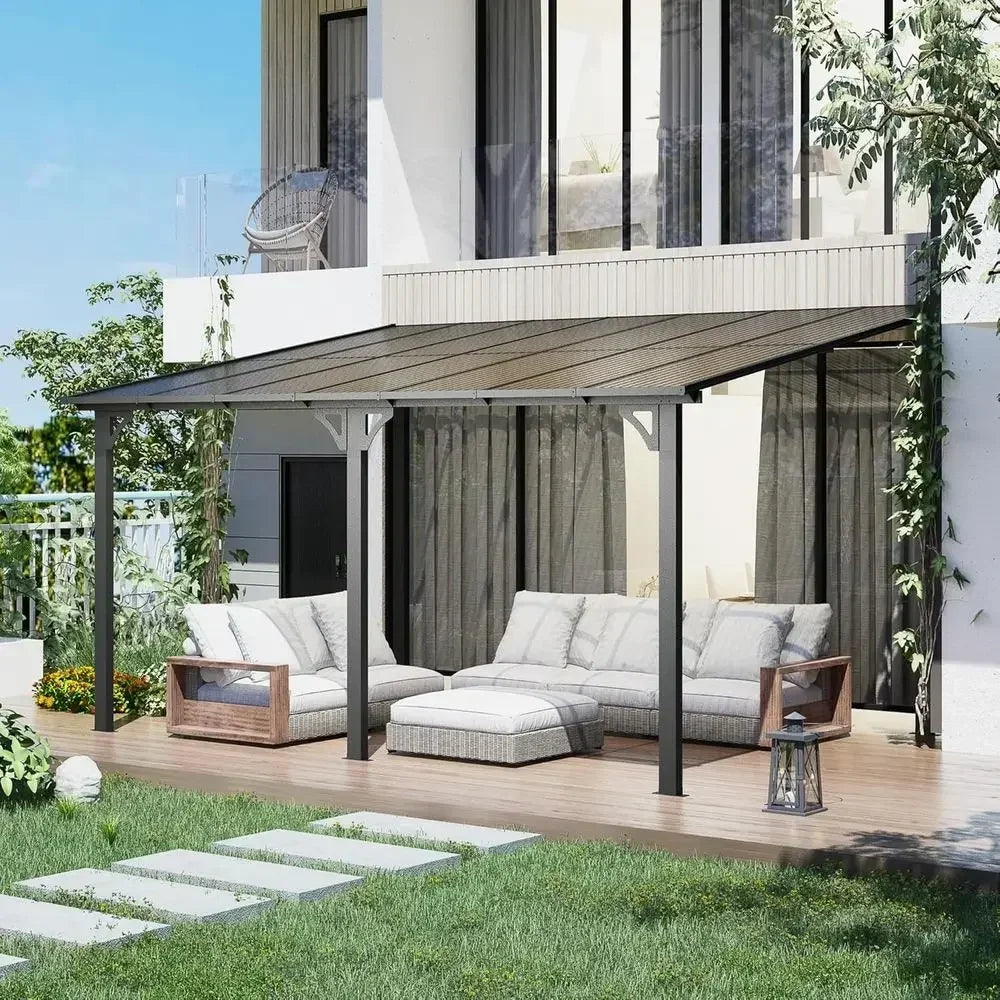 14x10 Outdoor Lean-to Gazebo, Wall-Mounted Pergola, Metal Awning, Large Panel Roof for Patio Use