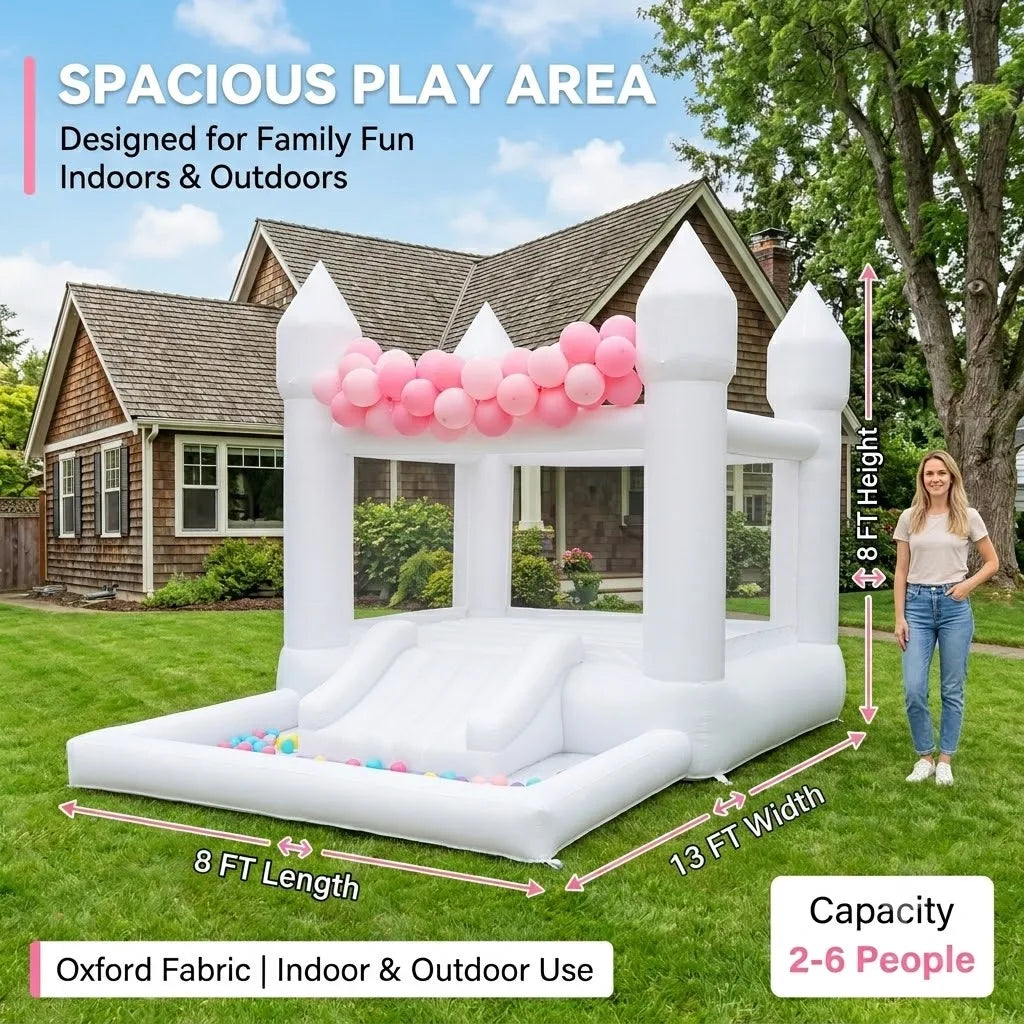 (Come with blower)13x8x8FT Inflatable White Bounce House with Slide & Ball Pit, Oxford Bouncy Castle Indoor and outdoor party use, Creates a Magical for Kids birthdays and Events