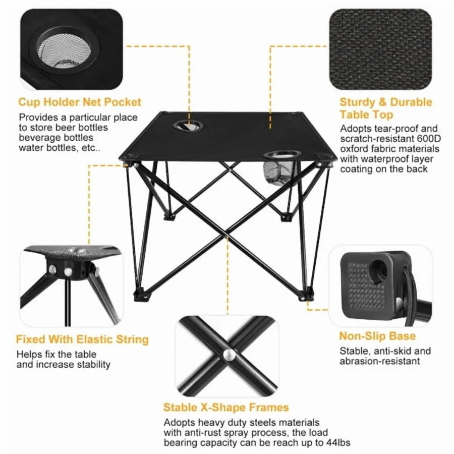18.5" Square Lightweight Portable Folding Table Waterproof Polyester Top With Cup Holders For Camping Picnics Backpacking