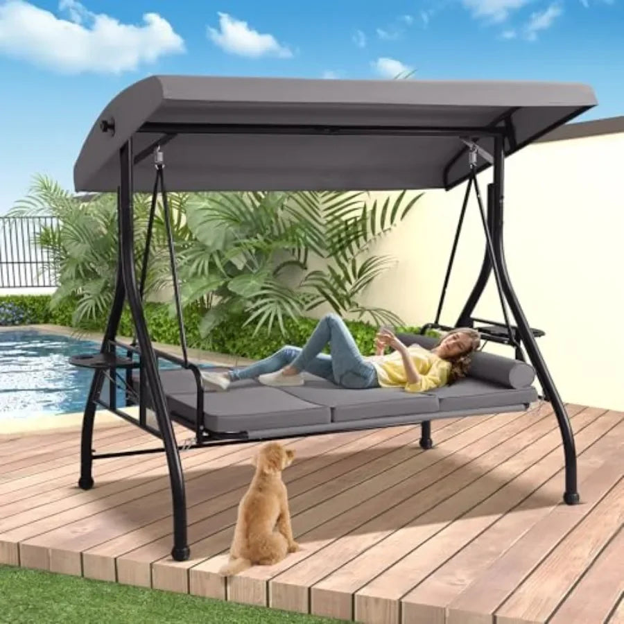 3-Seat Outdoor Porch Swing With Patio Stand And Convertible Bed