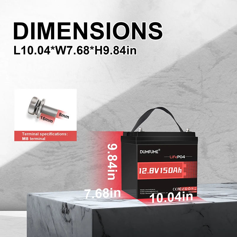 Dumfume 12V 150Ah Max LiFePO4 Lithium Battery Built-in 100A BMS 1920wh Energy Trolling RV Backup Power RV Solar Off-grid System