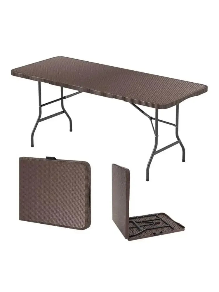 6 ft Portable Folding Table with Rattan-Like HDPE Tabletop and Safe Lock Mechanism-Brown