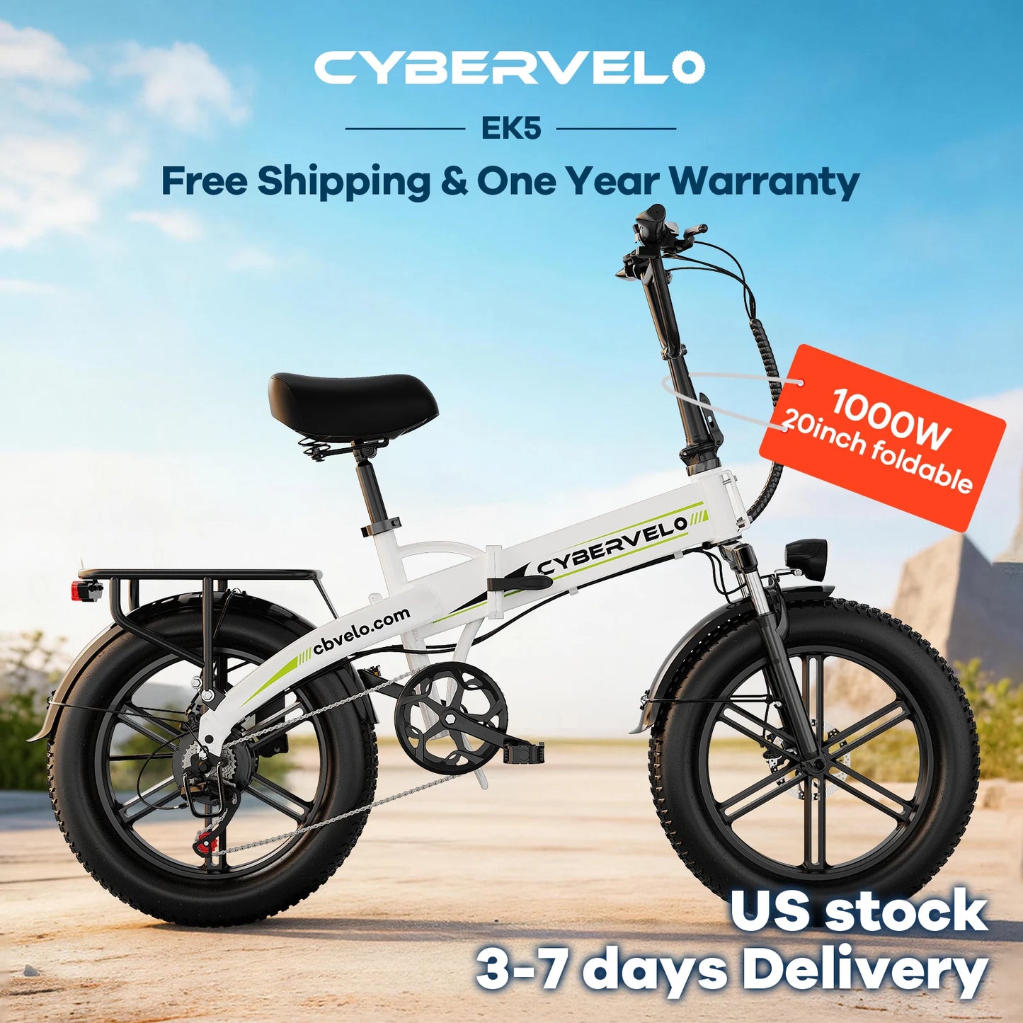 Cybervelo 20" 1000W Foldable Moutain Sand Off road E-Bike 48V 20AH Bulit-in Battery 80 Miles+ Long Range Electric-Bike for Adult EK5